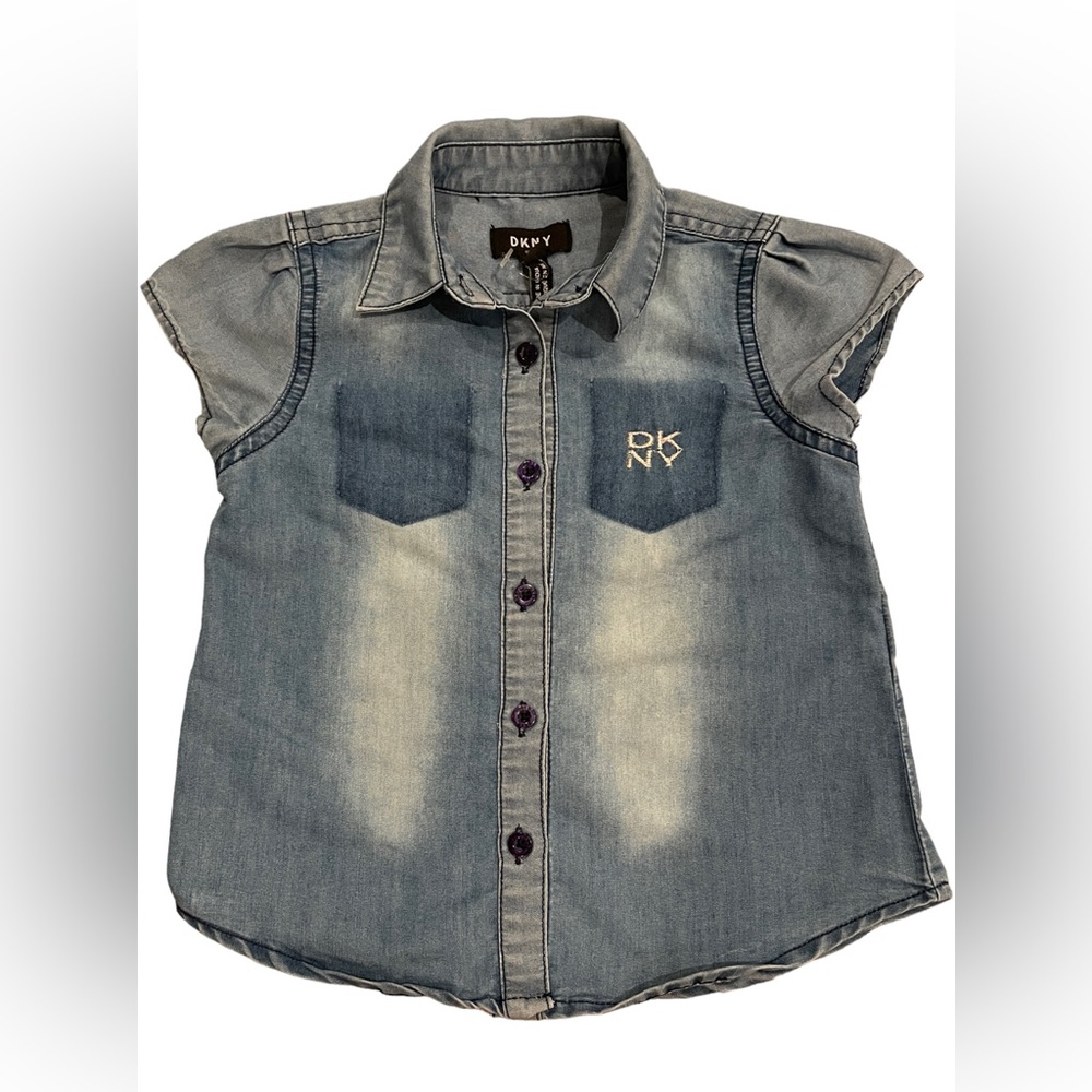 DKNY Girl's Blue Denim Button-Down Fashionable Collared Blouse, Size 3T, NWOT